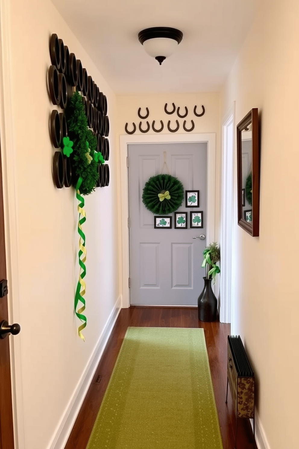 A charming hallway adorned with lucky horseshoe wall art, featuring a collection of vintage-style horseshoes arranged in a creative pattern. The walls are painted in a soft cream color, enhancing the rustic appeal of the decor while small green accents celebrate St. Patrick's Day. Decorative elements include a series of framed shamrock prints and a garland of green and gold ribbons draped along the hallway. A cozy runner rug in shades of green leads guests through the space, inviting them to enjoy the festive atmosphere.