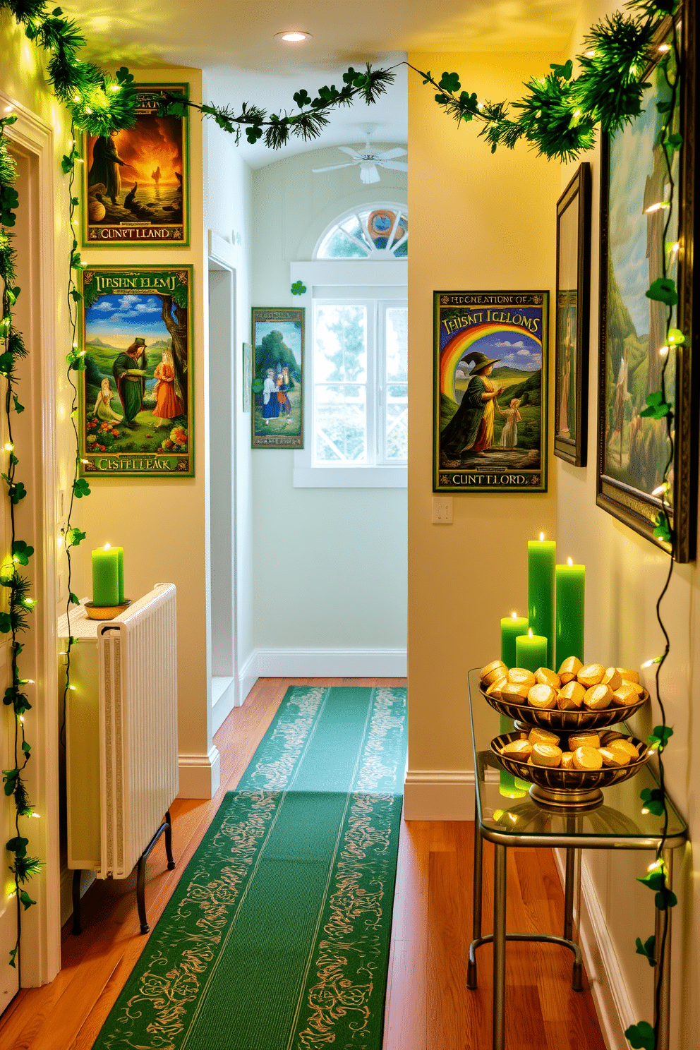 A whimsical hallway adorned with vibrant Irish folklore posters, each depicting enchanting scenes from ancient legends. The walls are painted a soft cream, providing a warm backdrop for the colorful artwork, while a green and gold runner adds a festive touch to the wooden floor. For St. Patrick's Day, the hallway features charming decorations such as shamrock garlands and twinkling fairy lights. A small console table displays a collection of green candles and a decorative bowl filled with gold-wrapped chocolate coins, inviting a sense of celebration and joy.