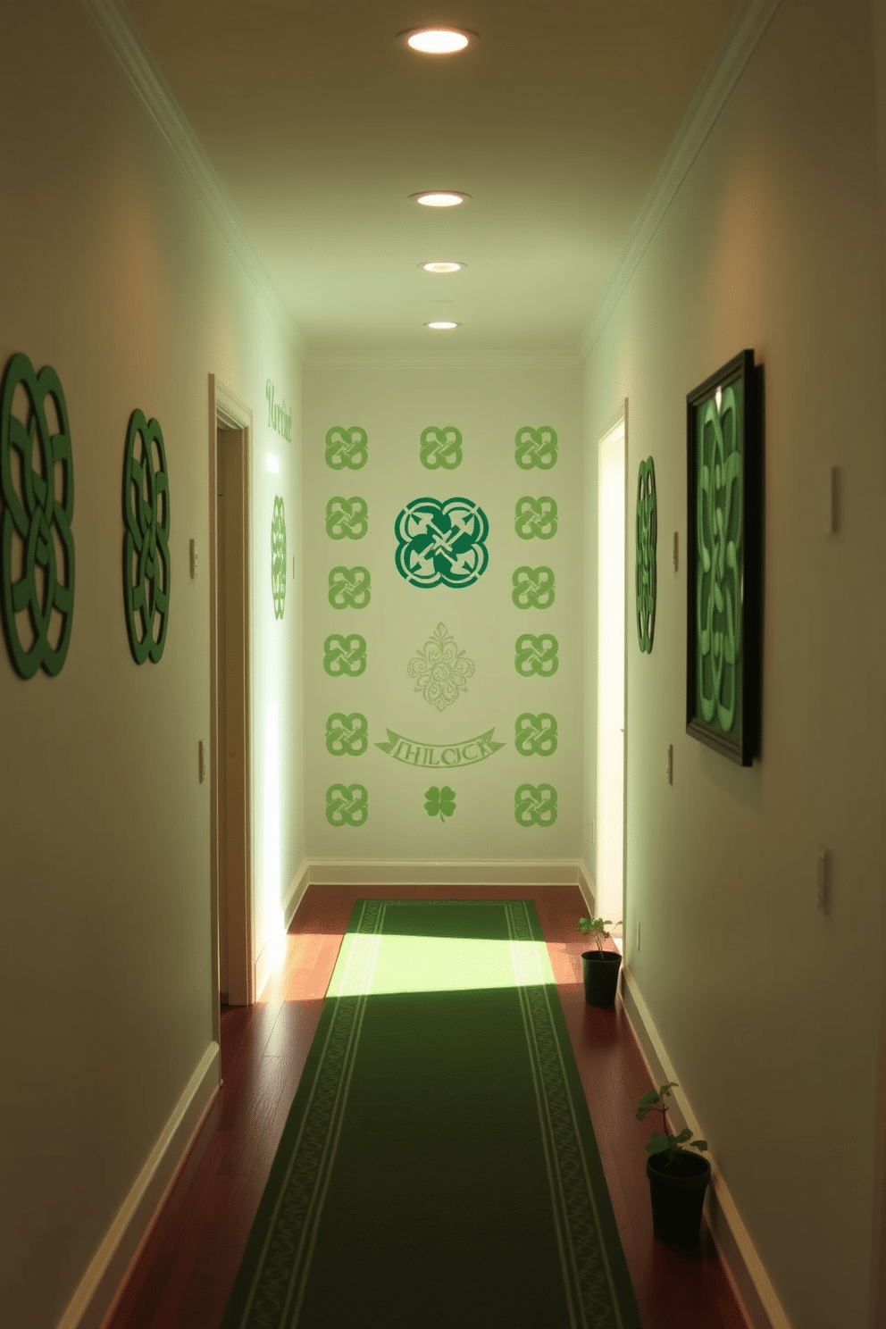 A charming hallway adorned with intricate Celtic knot wall decals in shades of green and gold. The decals create a festive atmosphere, celebrating St. Patrick's Day with elegance and cultural significance. Soft, ambient lighting highlights the decals, casting gentle shadows that enhance their design. A simple green runner rug leads the way, complemented by small potted shamrocks placed strategically along the walls.