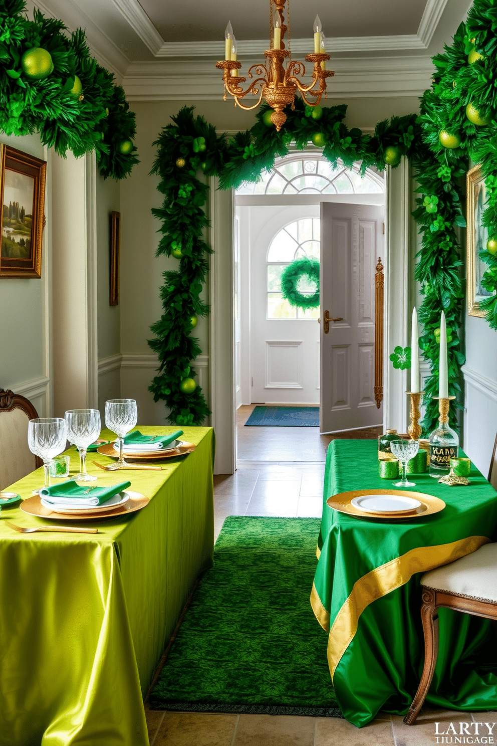 A lavish dining table setting adorned in rich green and gold hues. The table is draped with a luxurious emerald green tablecloth, featuring gold-rimmed dinner plates, sparkling crystal glassware, and elegant gold flatware. A charming hallway decorated for St. Patrick's Day, showcasing festive green garlands and whimsical shamrock accents. The walls are adorned with framed art featuring Irish landscapes, while a welcoming green doormat invites guests into the space.