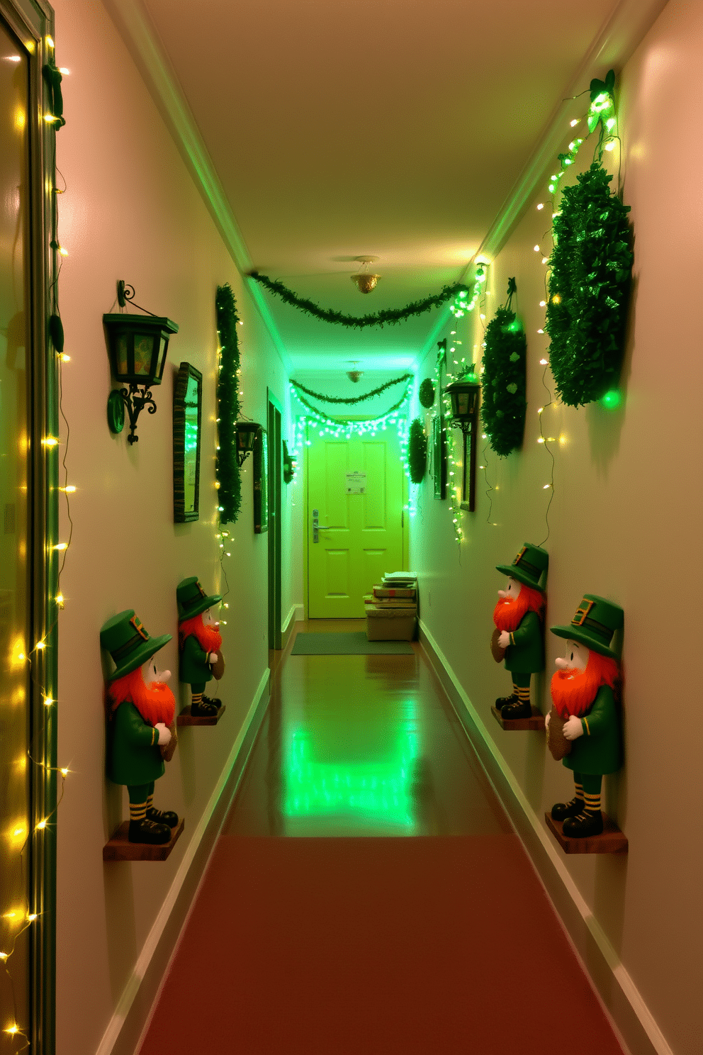 A whimsical hallway adorned for St. Patrick's Day features charming leprechaun figurines positioned along the walls. The space is enhanced with green and gold decorations, including shamrocks and twinkling fairy lights, creating a festive and inviting atmosphere.