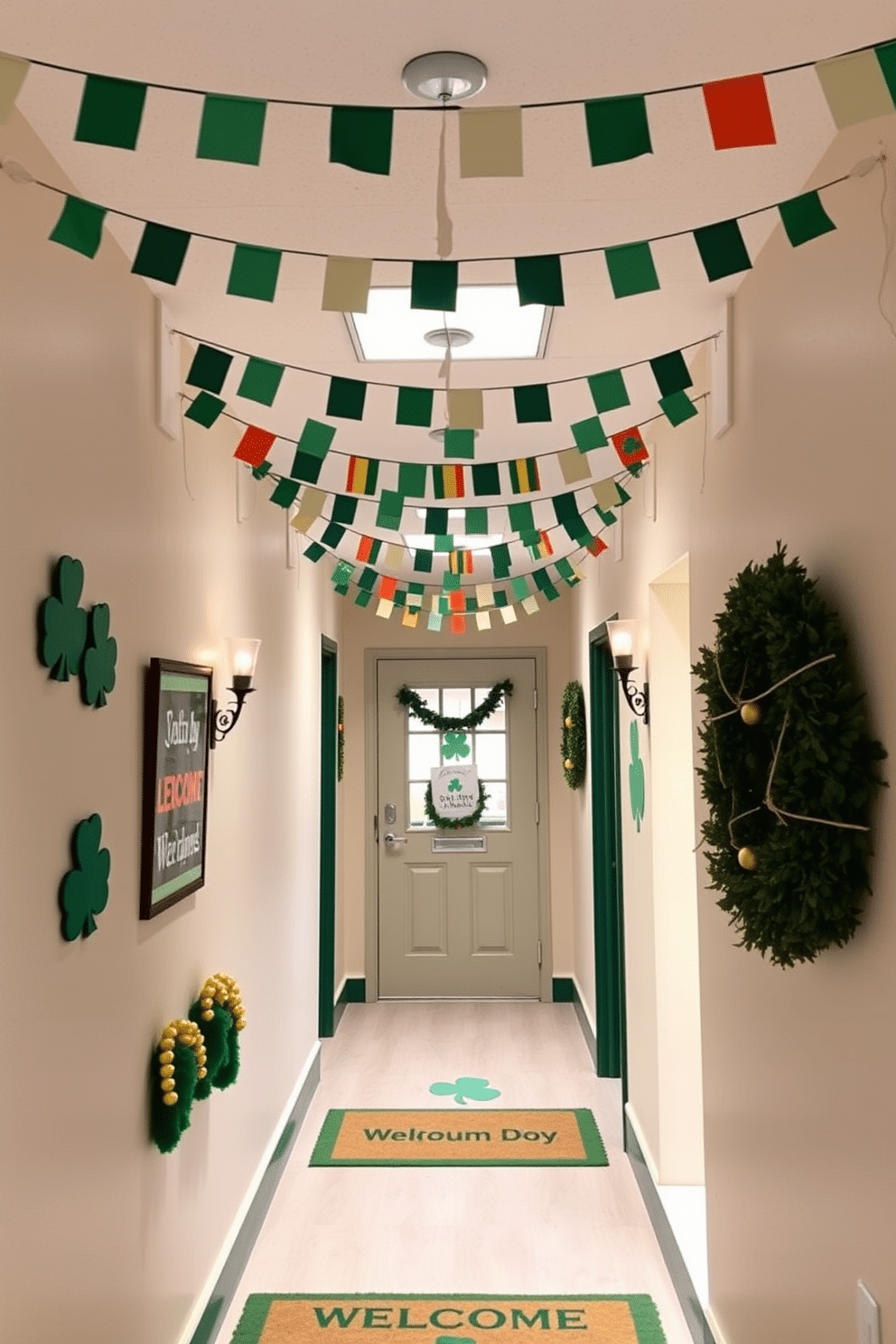 A charming hallway decorated for St. Patrick's Day features a series of mini Irish flags strung across the ceiling, creating a festive atmosphere. The walls are adorned with green and gold accents, complemented by whimsical shamrock decorations and a warm, inviting welcome mat at the entrance.