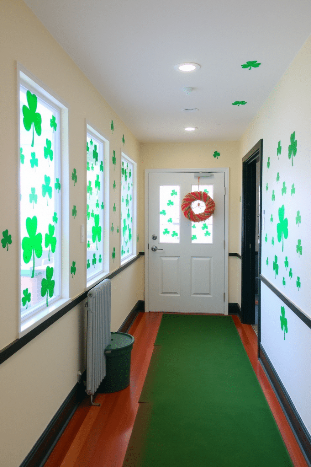 A festive hallway adorned with shamrock window clings, creating a vibrant and cheerful atmosphere for St. Patrick's Day. The walls are painted a soft cream, and the floor is covered with a rich green runner, enhancing the holiday spirit.