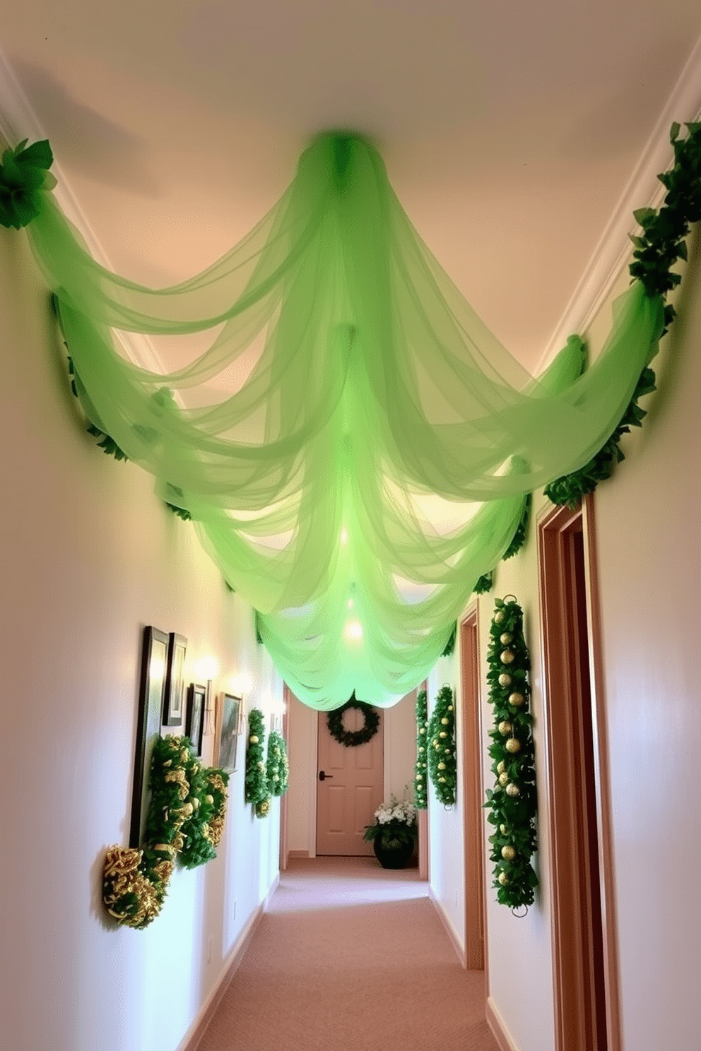 A whimsical hallway adorned with green tulle draped elegantly from the ceiling, creating a soft, flowing effect. Festive St. Patrick's Day decorations, including shamrock garlands and golden accents, line the walls, inviting warmth and celebration.