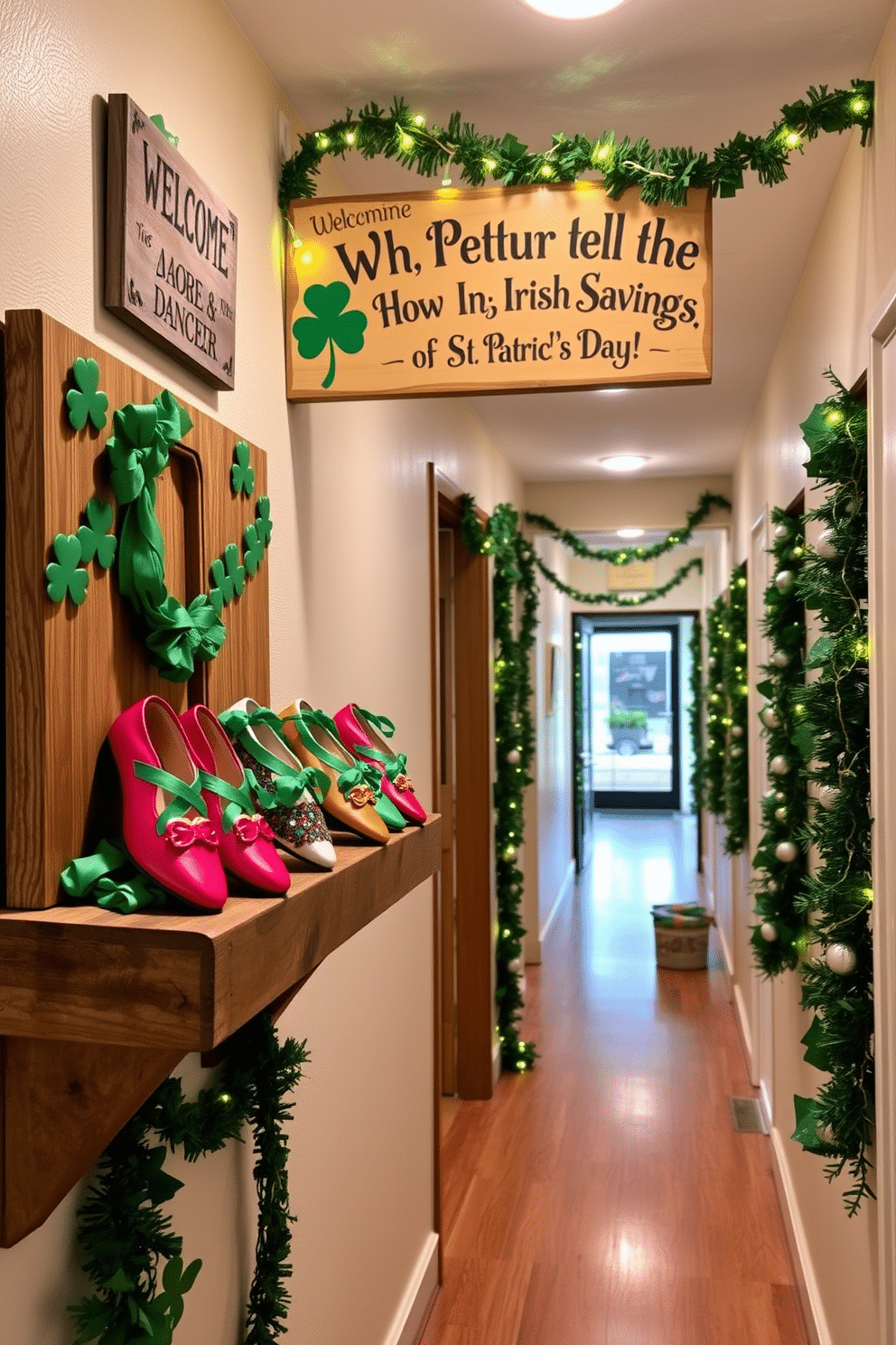 A charming display of Irish dance shoes is arranged on a rustic wooden shelf. The shoes, in vibrant colors, are complemented by traditional Irish decorations, such as shamrocks and Celtic knots, creating a festive atmosphere. The hallway is adorned with St. Patrick's Day decorations, featuring green garlands and twinkling fairy lights. A welcoming sign with playful Irish sayings hangs above, inviting guests to celebrate the holiday in style.