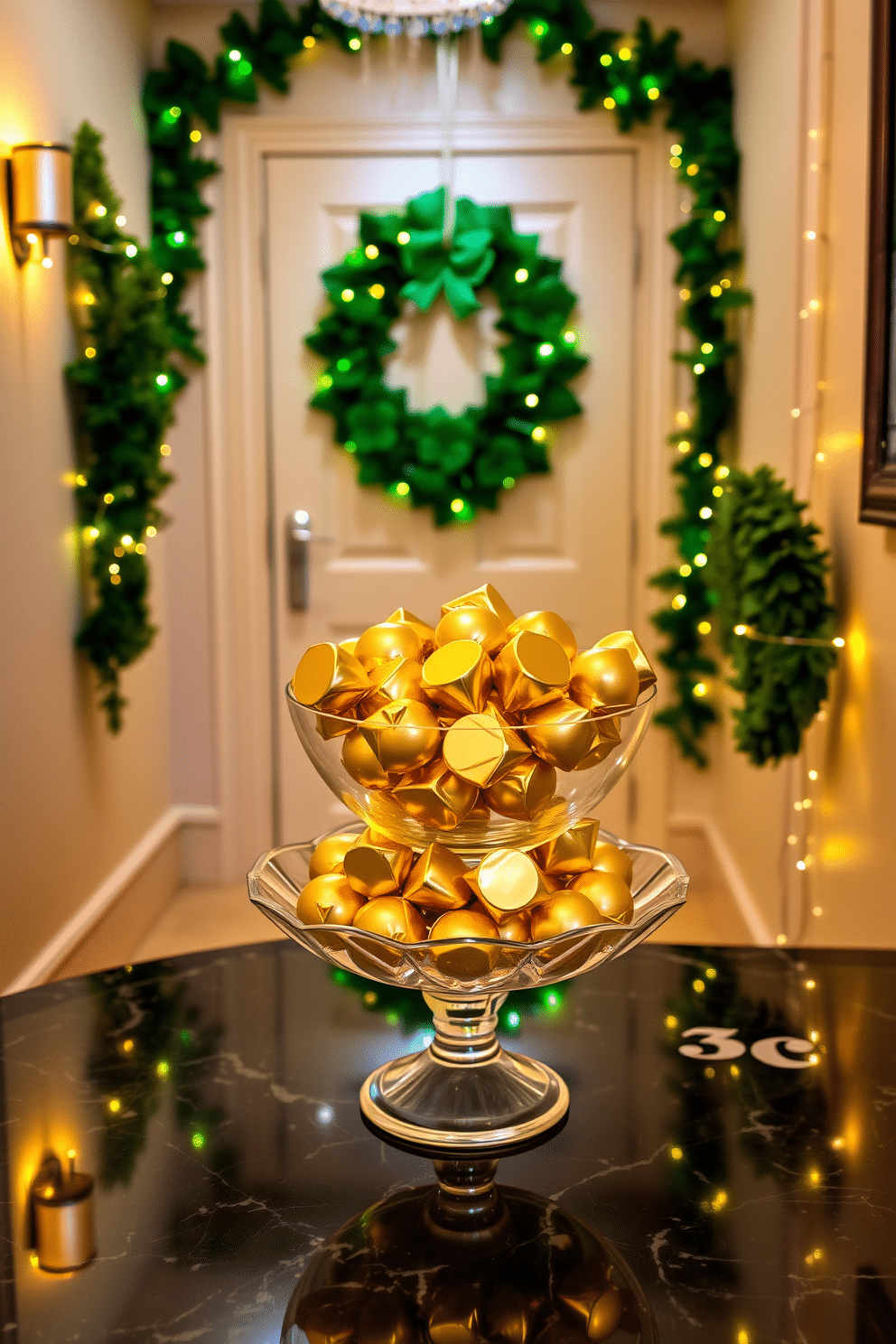 A luxurious display of gold foil-wrapped chocolates arranged in an elegant glass bowl, set atop a polished marble surface. The warm glow of ambient lighting highlights the rich colors of the chocolates, creating an inviting and indulgent atmosphere. A charming hallway adorned with festive St. Patrick's Day decorations, featuring green garlands and twinkling fairy lights. A whimsical wreath made of shamrocks hangs on the door, welcoming guests with a touch of holiday cheer.