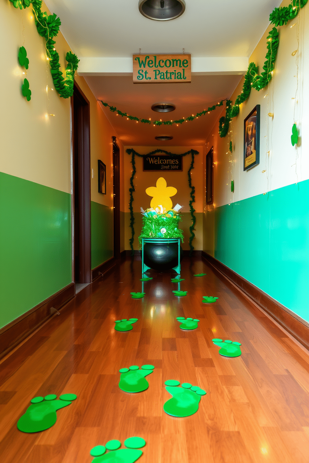 Leprechaun footprints in a whimsical pattern lead down a polished hardwood floor, creating a playful atmosphere. The walls are adorned with vibrant green and gold decorations, celebrating St. Patrick's Day with garlands of shamrocks and twinkling fairy lights. At the end of the hallway, a charming display features a small pot of gold surrounded by faux coins and glittering green accents. A cheerful welcome sign hangs above, inviting guests to join in the festive spirit.