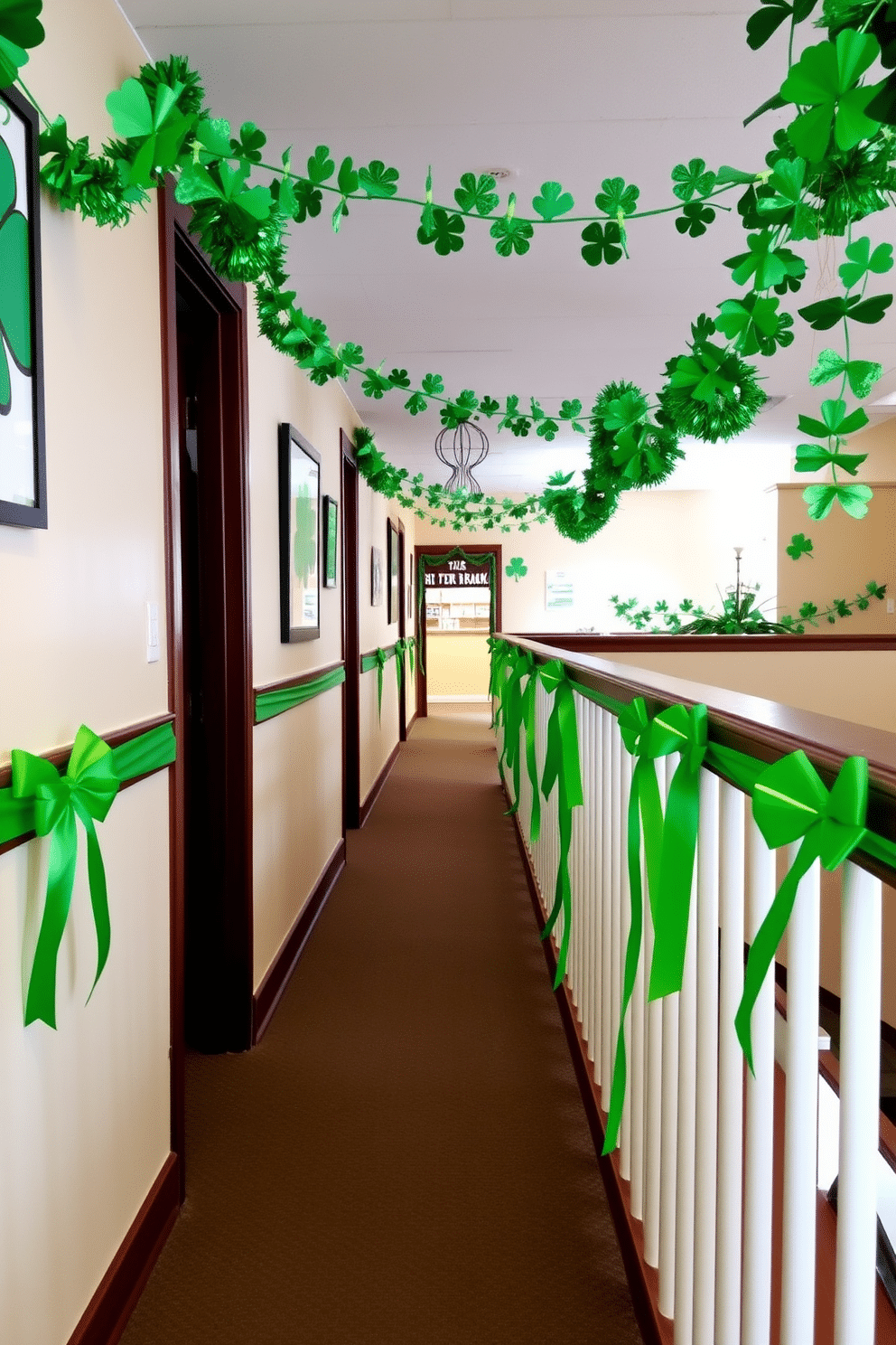 A festive hallway adorned for St. Patrick's Day features vibrant green ribbons elegantly tied around the railings, creating a cheerful and inviting atmosphere. The walls are adorned with shamrock-themed artwork, and decorative garlands hang from the ceiling, enhancing the celebratory spirit of the occasion.