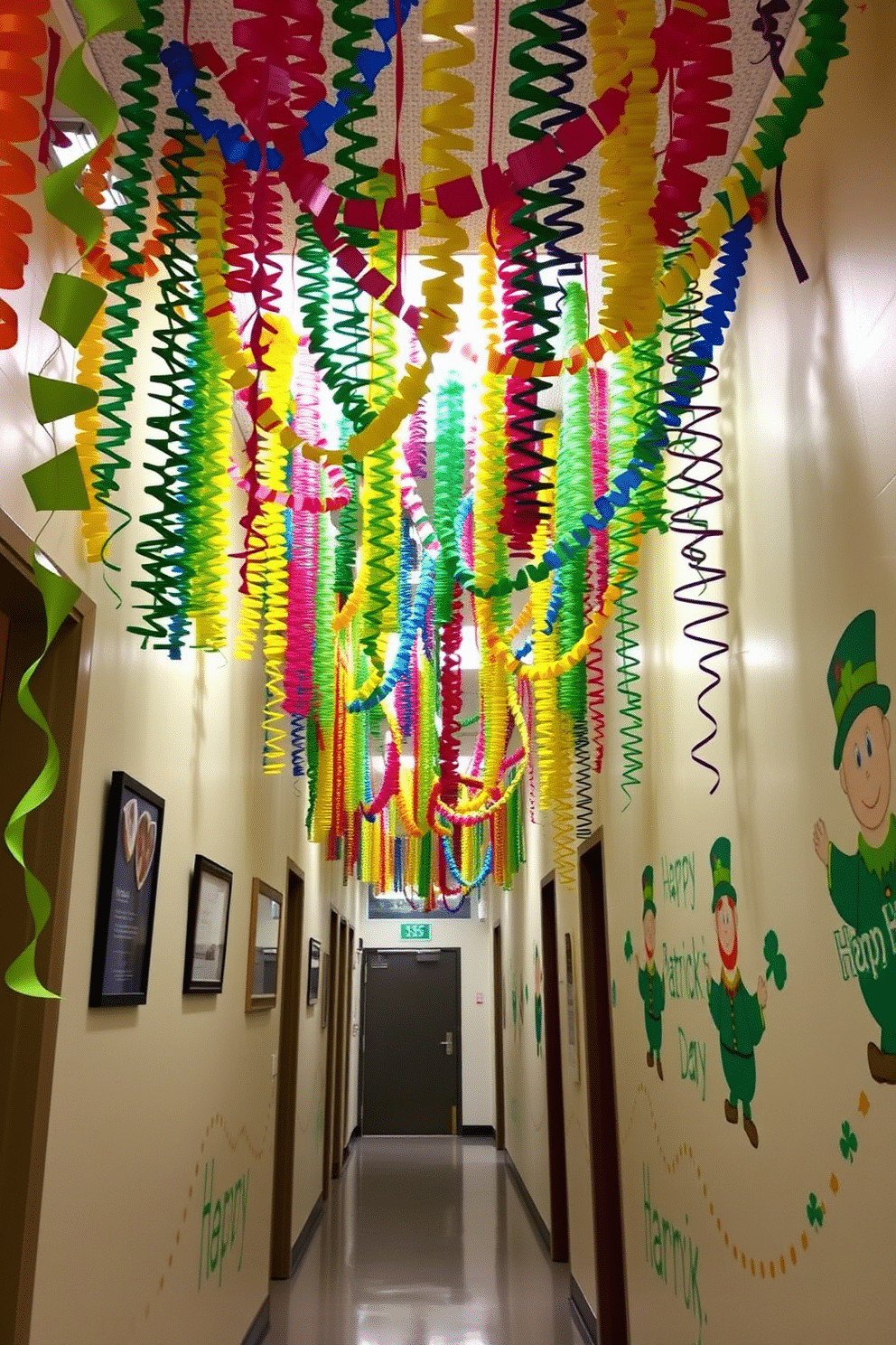 A vibrant hallway adorned with colorful rainbow paper chains cascading from the ceiling, creating a festive atmosphere. The walls are decorated with cheerful St. Patrick's Day motifs, featuring shamrocks and leprechauns, enhancing the celebratory theme.