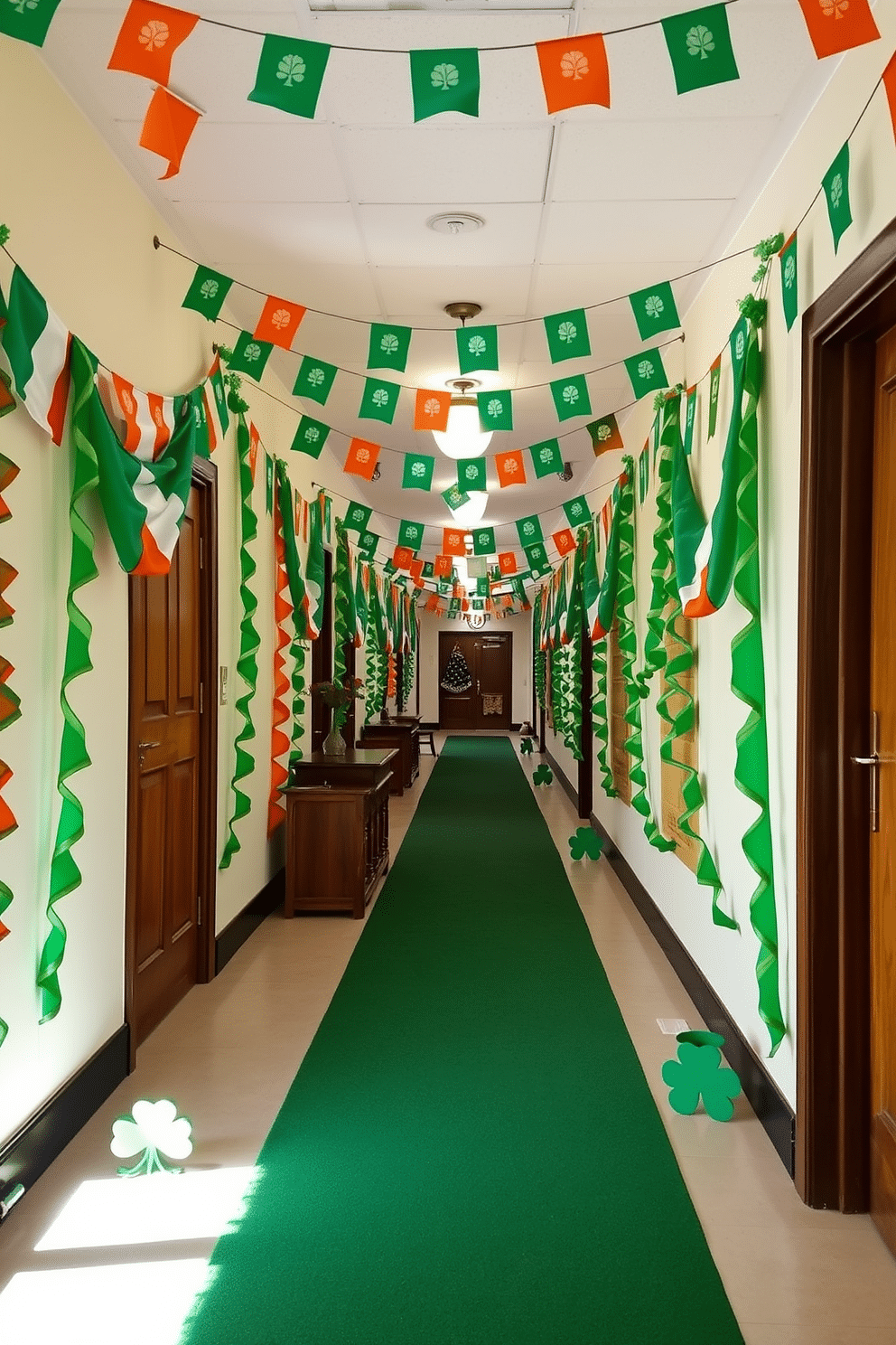 A festive hallway adorned with Irish flag bunting draped along the walls, creating a vibrant atmosphere for St. Patrick's Day celebrations. The floor is lined with a rich green carpet, and decorative shamrocks are placed strategically to enhance the holiday spirit.