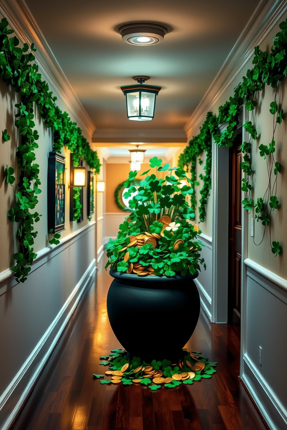 A stunning hallway adorned for St. Patrick's Day features a vibrant pot of gold centerpiece, overflowing with faux gold coins and lush green clovers. The walls are decorated with whimsical shamrock garlands, and soft, warm lighting enhances the festive atmosphere.