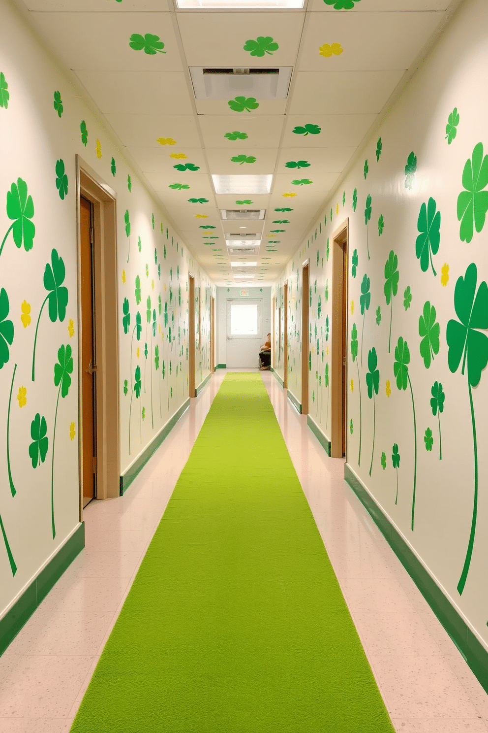 A whimsical hallway adorned with vibrant clover decals on the walls, creating a festive atmosphere for St. Patrick's Day. The floor is covered with a soft, green runner that complements the cheerful decorations, inviting guests to explore the space.