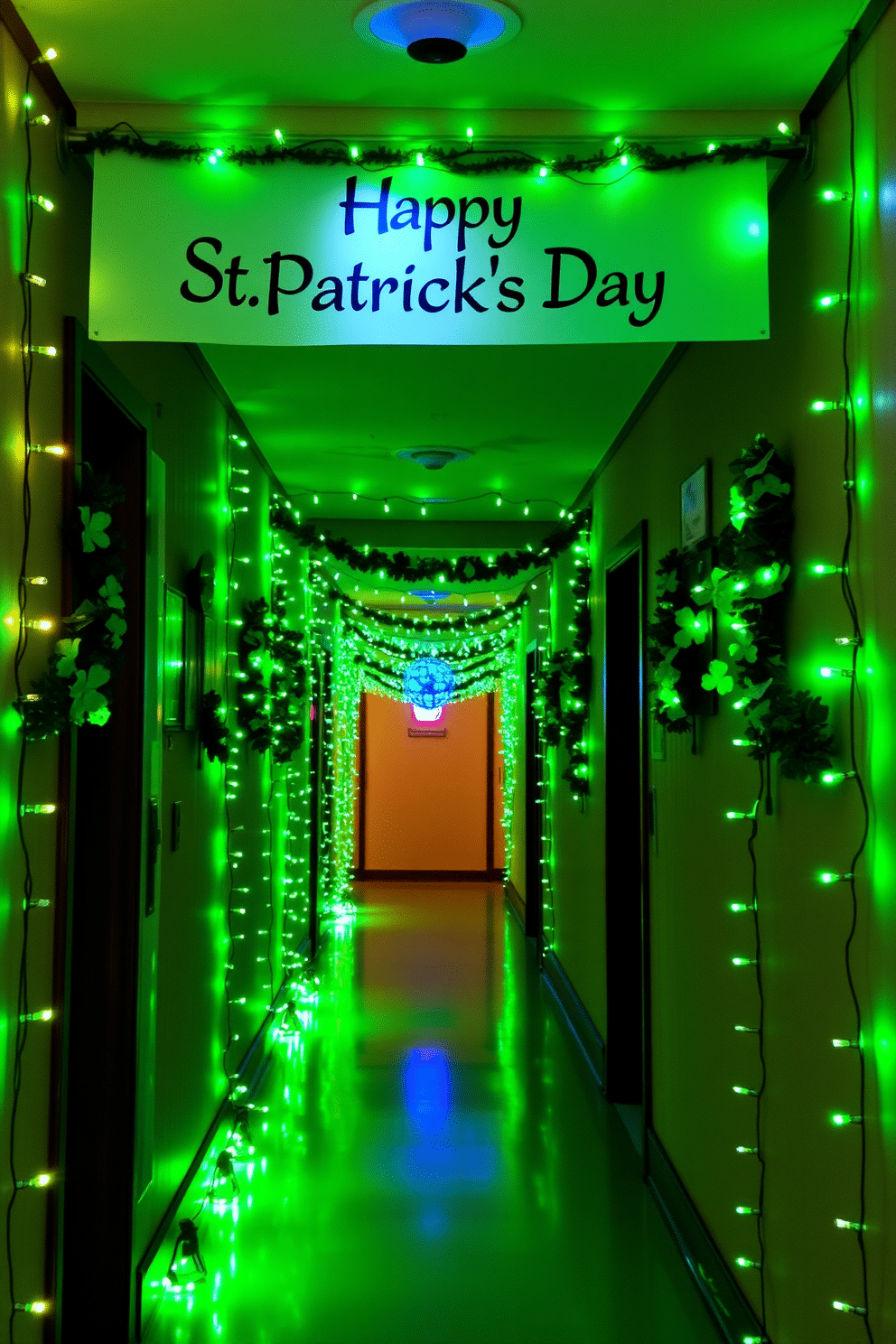 A whimsical hallway adorned with green fairy lights that twinkle softly, creating a magical atmosphere for St. Patrick's Day. The walls are decorated with festive garlands of shamrocks, and a cheerful banner reading 