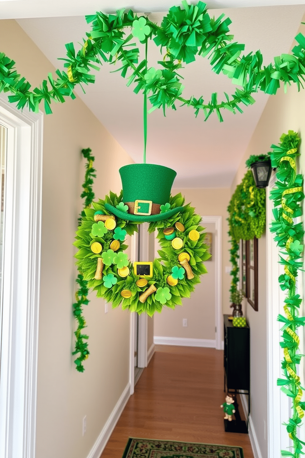 A vibrant leprechaun hat door wreath adorned with colorful shamrocks and golden coins welcomes guests into the home. The wreath is crafted from lush green foliage, with the hat placed prominently at the center, creating a festive focal point for St. Patrick's Day. The hallway features a playful display of St. Patrick's Day decorations, including garlands of green and gold streamers hanging from the ceiling. Accent pieces like small pots of gold and whimsical leprechaun figurines are strategically placed along the walls, enhancing the cheerful atmosphere.