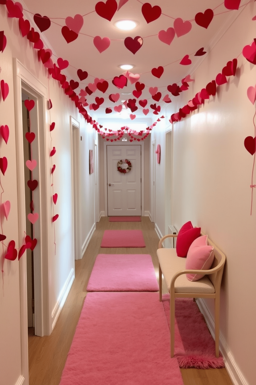 A charming hallway adorned with red and pink heart garlands strung across the walls, creating a festive atmosphere for Valentine's Day. The floor is lined with soft, plush rugs in coordinating colors, while small decorative heart-shaped pillows are placed on a nearby bench for added charm.