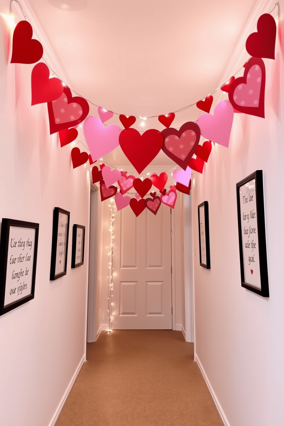 A charming hallway adorned with Valentine's Day themed banners, featuring heart-shaped designs in shades of red and pink. The banners are strung across the hallway, creating a festive atmosphere that invites love and warmth. To complement the banners, the hallway is decorated with soft, twinkling fairy lights that enhance the romantic vibe. A series of framed love quotes line the walls, adding a personal touch to the Valentine's Day decor.