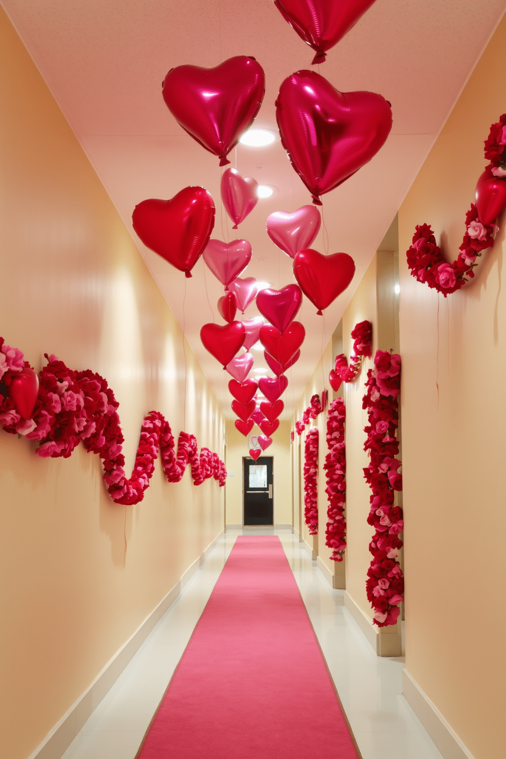 A whimsical hallway adorned for Valentine's Day, featuring vibrant heart-shaped balloons in various sizes floating gracefully from the ceiling. The walls are decorated with romantic garlands of red and pink flowers, and a soft, inviting rug runs down the center of the hallway, creating a warm and festive atmosphere.