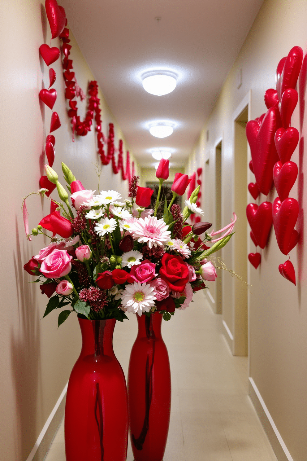 Floral arrangements in red vases. The vibrant red vases are filled with an assortment of fresh flowers, including roses, tulips, and daisies, creating a striking focal point. Hallway Valentine's Day decorating ideas. The hallway features heart-shaped garlands draped along the walls, complemented by soft, ambient lighting that enhances the romantic atmosphere.