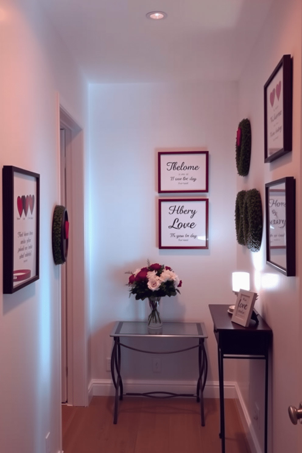 A charming hallway adorned with love quotes wall art. The walls are painted in soft pastel colors, and framed quotes in elegant typography are arranged in a gallery style. Decorative elements include heart-shaped wreaths and soft, ambient lighting that creates a warm atmosphere. A small console table displays a vase of fresh flowers, enhancing the romantic theme for Valentine's Day.