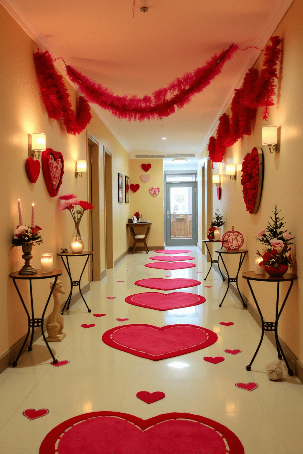 A cozy hallway adorned with heart-patterned rugs in shades of red and pink, creating a warm and inviting atmosphere. Soft, ambient lighting illuminates the space, highlighting decorative elements like heart-shaped wall art and garlands. On either side of the hallway, small tables display festive Valentine’s Day decorations, including candles and charming floral arrangements. The walls are painted in a soft cream color, providing a perfect backdrop for the vibrant decor.