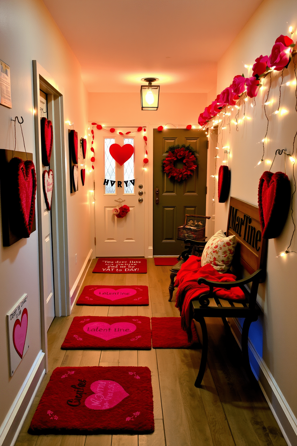 A charming hallway adorned for Valentine's Day features a collection of festive doormats, each displaying playful heart motifs and romantic messages. Soft, ambient lighting highlights the decor, creating a warm and inviting atmosphere as guests enter. The walls are embellished with delicate garlands of faux roses and string lights, adding a whimsical touch to the space. A cozy bench, draped with a plush red throw, invites visitors to pause and enjoy the seasonal decor.