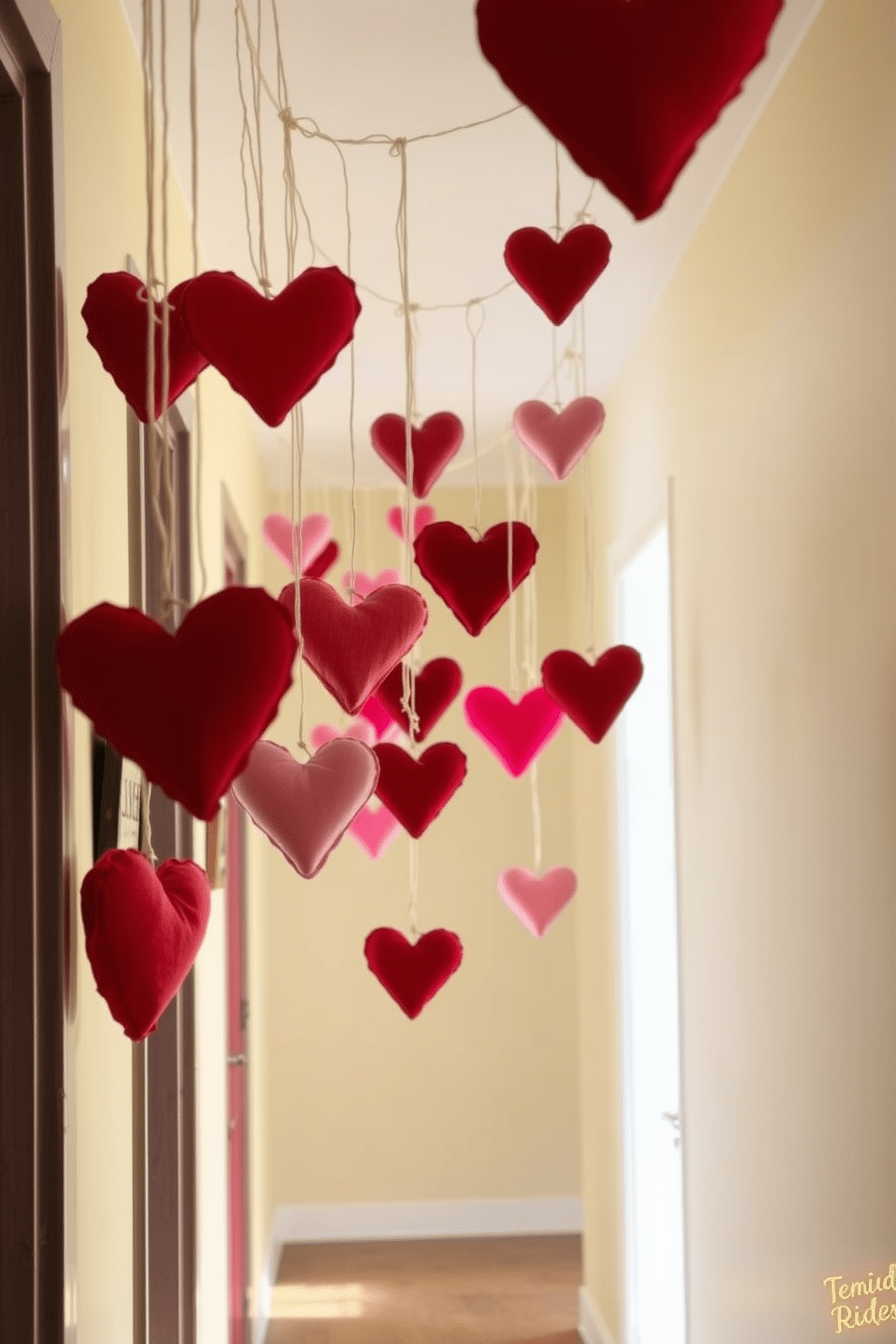 A charming hallway adorned with hanging fabric hearts in various shades of red and pink. The hearts are suspended from delicate twine, creating a whimsical atmosphere that invites warmth and love into the space.