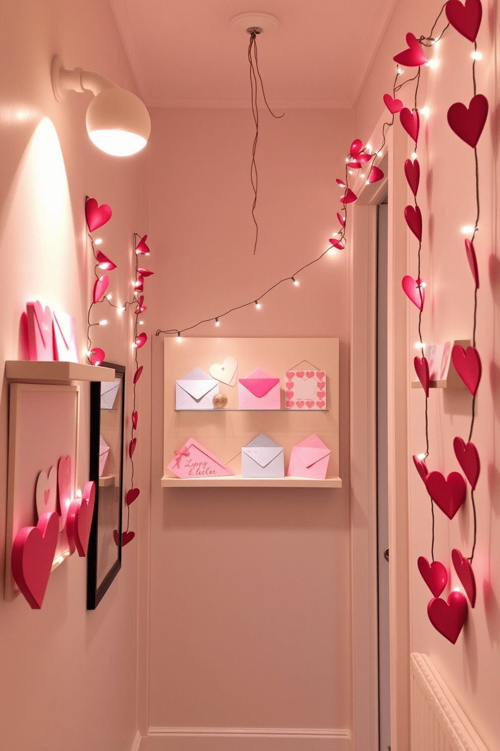 A charming hallway adorned with miniature love letter displays. Each display features delicate envelopes in various pastel colors, creatively arranged on a floating shelf. Soft fairy lights twinkle above the love letters, adding a warm glow to the space. Heart-shaped garlands drape along the walls, enhancing the romantic atmosphere for Valentine's Day.