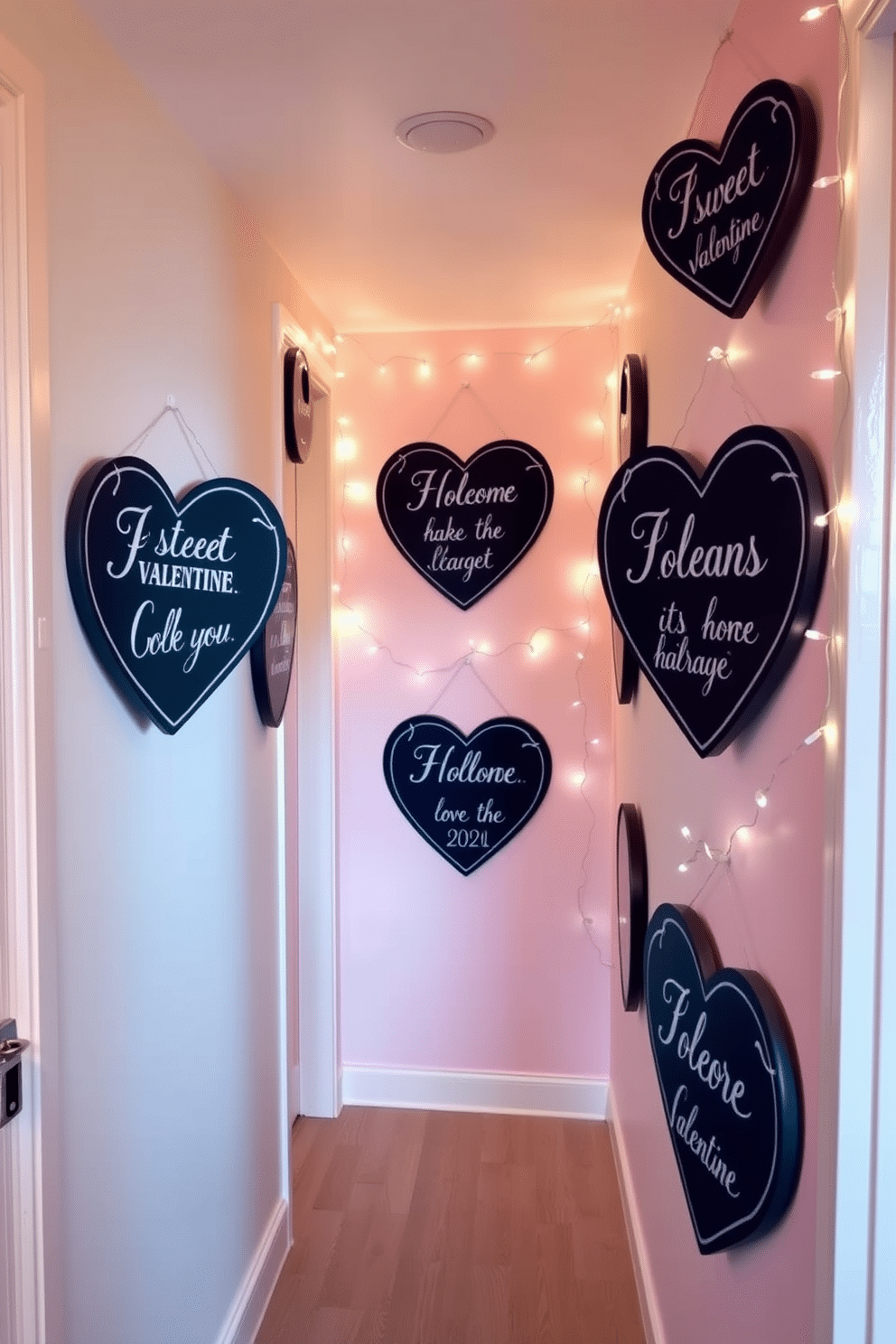 A charming hallway adorned with heart-shaped chalkboard signs, each featuring sweet Valentine's Day messages in elegant white script. The walls are painted in soft pastel tones, and delicate fairy lights are strung along the corridor, creating a warm and inviting atmosphere.