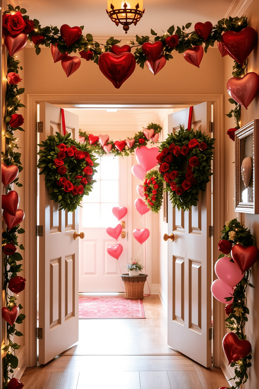 A charming entryway adorned with heart-shaped wreaths on the doors, each crafted from lush greenery and vibrant red roses. The soft glow of fairy lights frames the doorways, creating a warm and inviting atmosphere for Valentine's Day. A beautifully decorated hallway featuring garlands of red and pink hearts strung along the walls. Elegant touches like heart-shaped balloons and romantic quotes in decorative frames enhance the festive spirit, making the space feel cozy and celebratory.