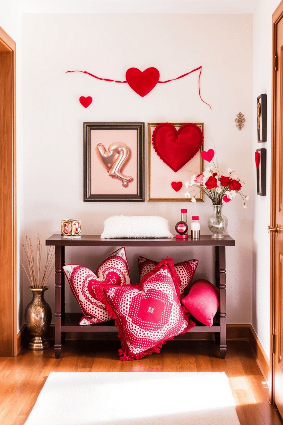 A cozy hallway adorned for Valentine's Day features a console table against the wall, topped with a vibrant arrangement of red and white throw pillows. Soft, warm lighting casts a romantic glow, while heart-shaped decor and delicate floral accents enhance the festive atmosphere.