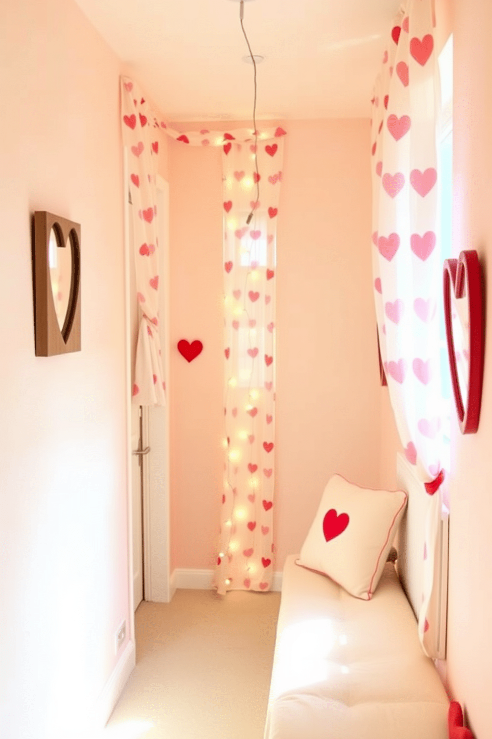 A charming hallway adorned with heart-patterned curtains that gently flutter in the breeze. The walls are painted in soft pastel hues, creating a warm and inviting atmosphere perfect for Valentine's Day. Decorative accents, such as heart-shaped wall art and a cozy bench with plush cushions, enhance the romantic theme. A string of fairy lights adds a whimsical touch, illuminating the space with a soft glow.