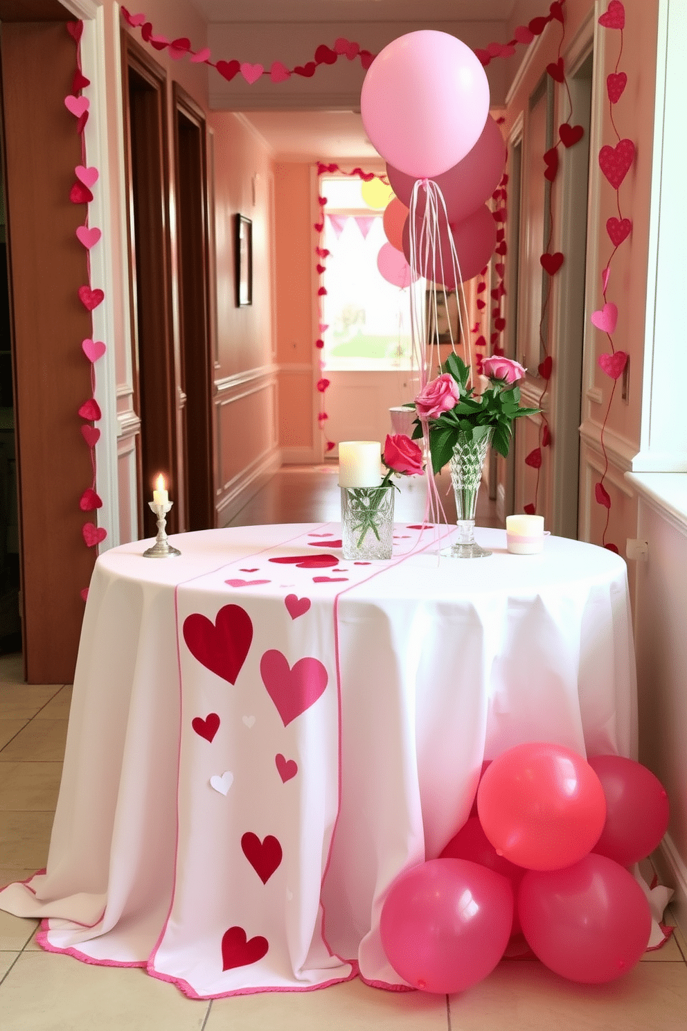 A romantic Valentine's Day table setting featuring a delicate table runner adorned with heart motifs in shades of red and pink. The runner drapes elegantly over a white linen tablecloth, complemented by soft candlelight and fresh roses in a crystal vase. A charming hallway decorated for Valentine's Day, showcasing heart-shaped garlands strung along the walls. Soft pink and white balloons are arranged at the entrance, inviting guests into a warm and festive atmosphere.