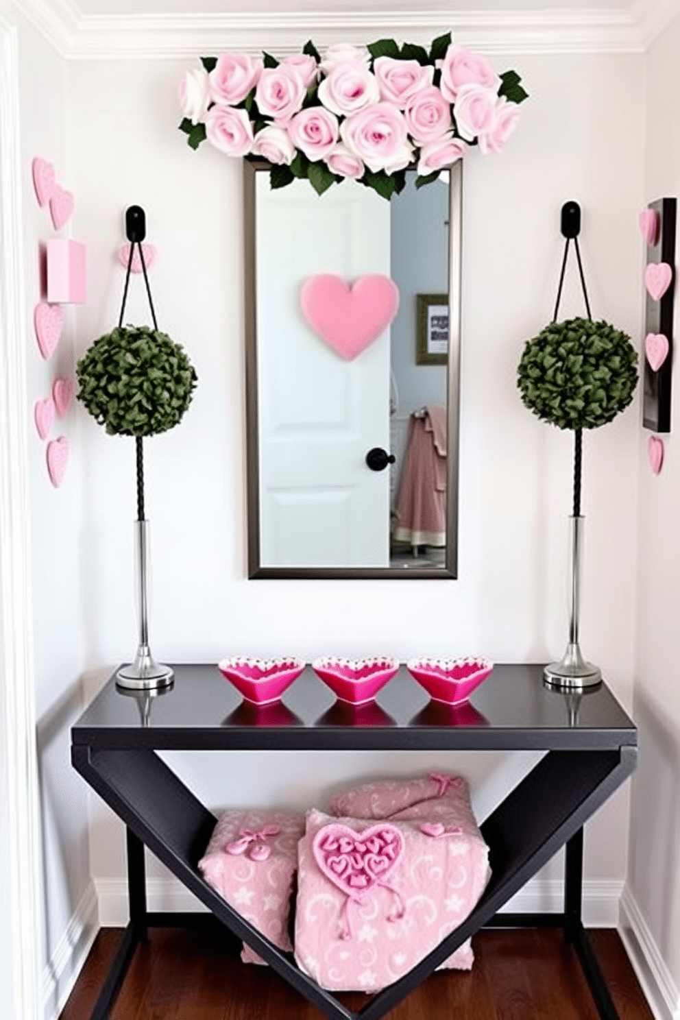 A charming hallway adorned for Valentine's Day features heart-shaped candy dishes placed on a sleek console table. The walls are draped with soft pink decorations, and a garland of faux roses adds a romantic touch above the table.