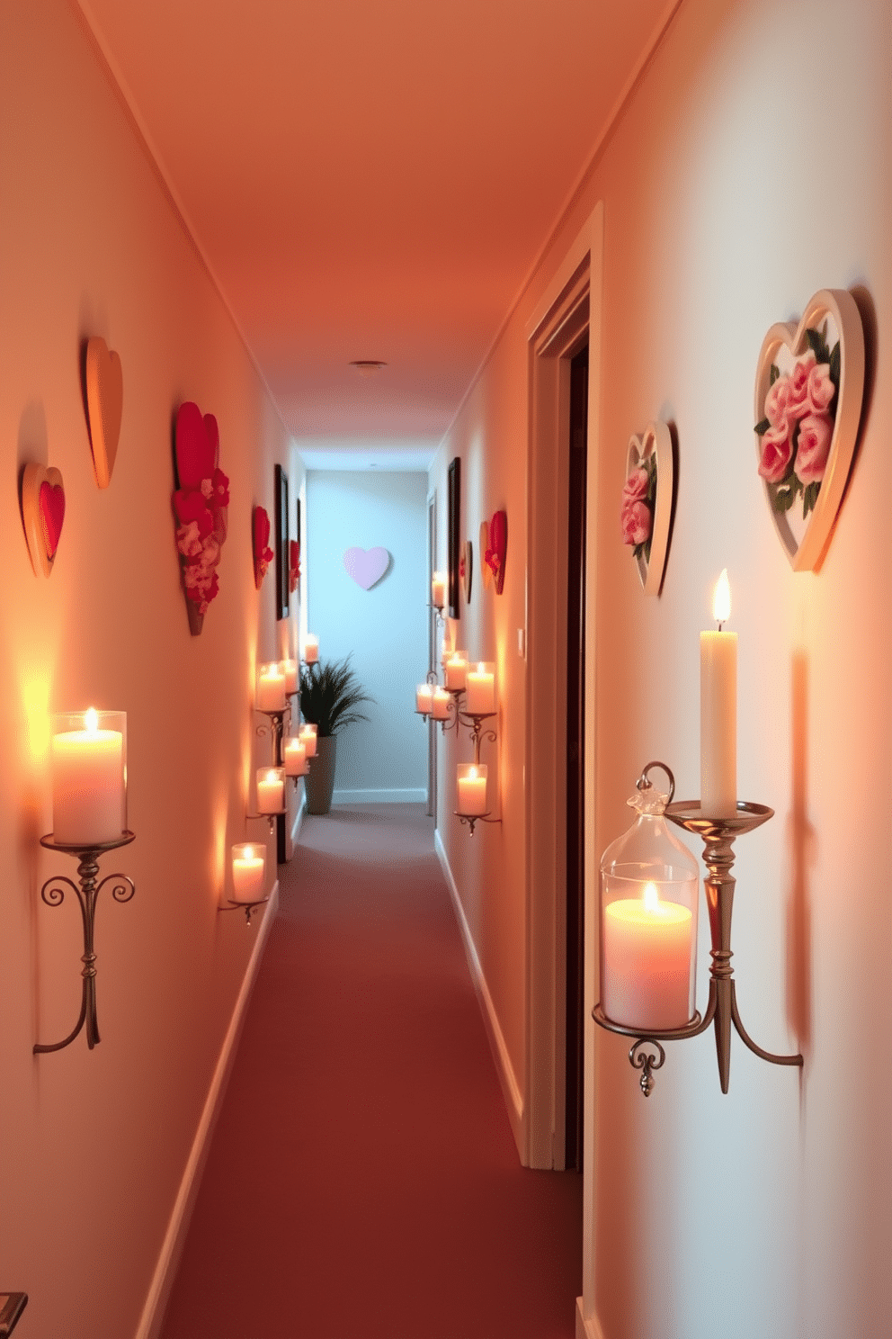 A cozy hallway adorned with romantic scented candles in elegant holders, casting a warm glow throughout the space. Soft, pastel decorations featuring hearts and flowers line the walls, creating a charming and inviting atmosphere for Valentine's Day.