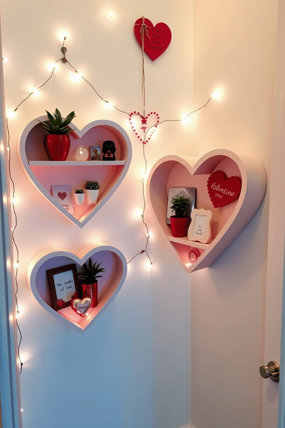 Heart-shaped wall shelves are a charming addition to any hallway, perfect for displaying small plants or decorative items. These shelves can be painted in soft pastel colors or left in natural wood to create a warm, inviting atmosphere. For a Valentine's Day theme, adorn the shelves with heart-shaped trinkets, romantic quotes, and seasonal decor. String fairy lights around the shelves to add a whimsical touch, creating a cozy and festive ambiance in the hallway.