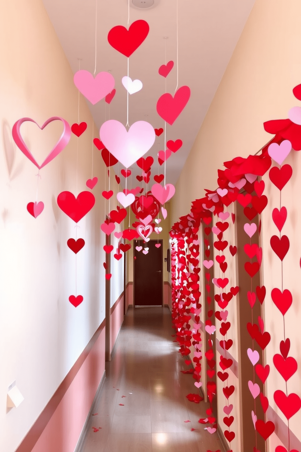 A whimsical hallway adorned with hanging heart mobiles creates a festive atmosphere for Valentine's Day. The mobiles, crafted from colorful paper and lightweight materials, sway gently in the soft breeze, adding a touch of charm to the space. Along the walls, garlands of red and pink hearts drape gracefully, enhancing the romantic theme. Soft, warm lighting highlights the decorations, inviting guests to stroll through the beautifully themed hallway.