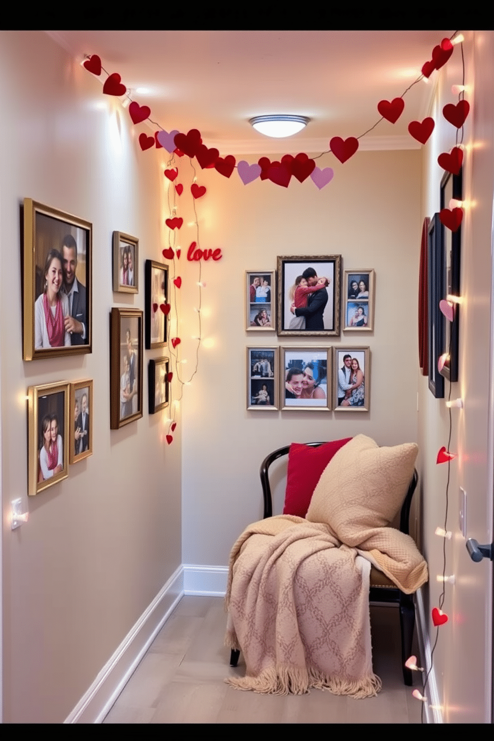 A love-themed photo collage adorns the hallway walls, showcasing a variety of cherished moments captured in elegant frames. Soft, warm lighting highlights the images, creating an inviting atmosphere that celebrates romance and connection. For Valentine's Day, the hallway is adorned with garlands of red and pink hearts, interspersed with twinkling fairy lights. A cozy bench is placed against one wall, draped with plush throw pillows and a soft blanket, inviting guests to pause and enjoy the festive decor.