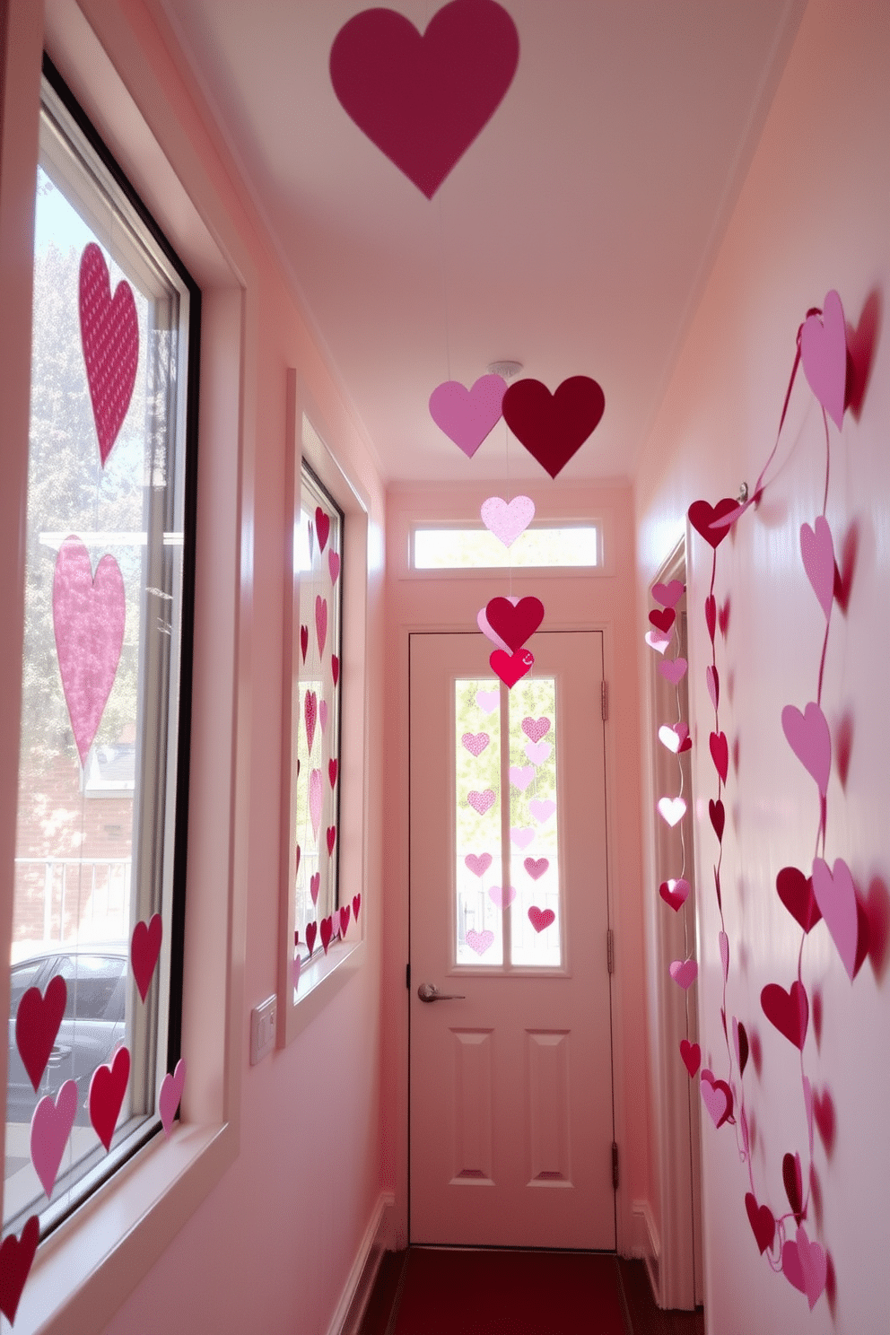 A charming hallway adorned for Valentine's Day features heart-shaped window clings that catch the light, creating a warm and inviting atmosphere. Soft pastel colors dominate the decor, with garlands of paper hearts draped along the walls, leading guests through a whimsical, love-filled space.