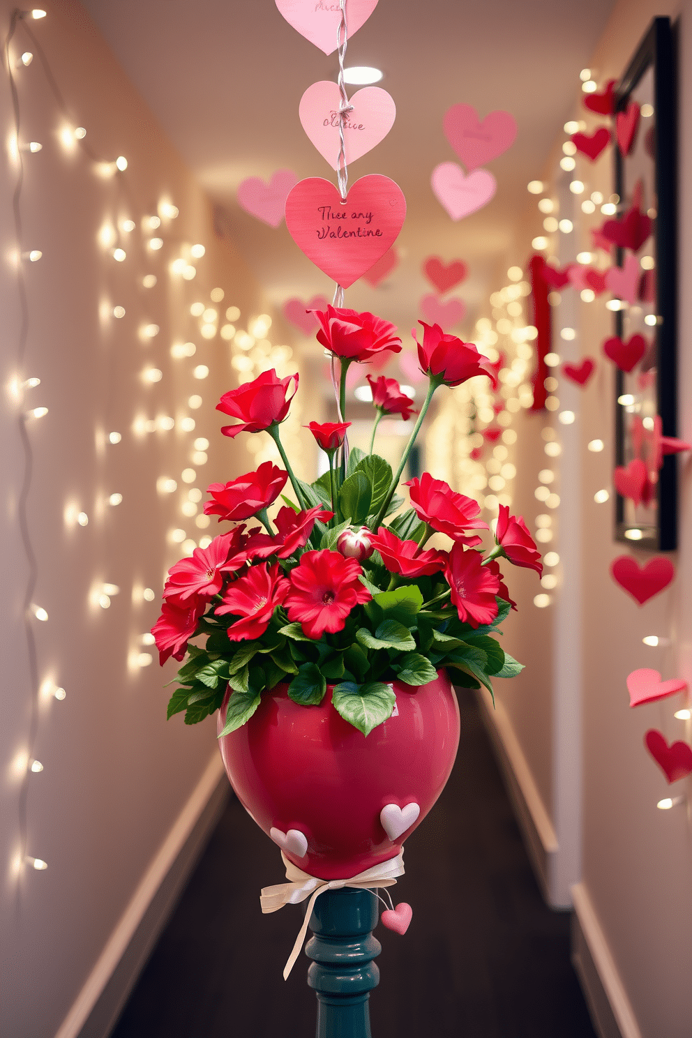 A charming Valentine's Day themed planter featuring a heart-shaped ceramic pot filled with vibrant red and pink flowers, accented by lush green foliage. The planter is adorned with a delicate ribbon tied around the base, and small decorative hearts hang from the sides. An inviting hallway decorated for Valentine's Day with soft, twinkling fairy lights draped along the walls. Heart-shaped garlands made of paper and fabric hang from the ceiling, creating a warm and romantic atmosphere as guests walk through.