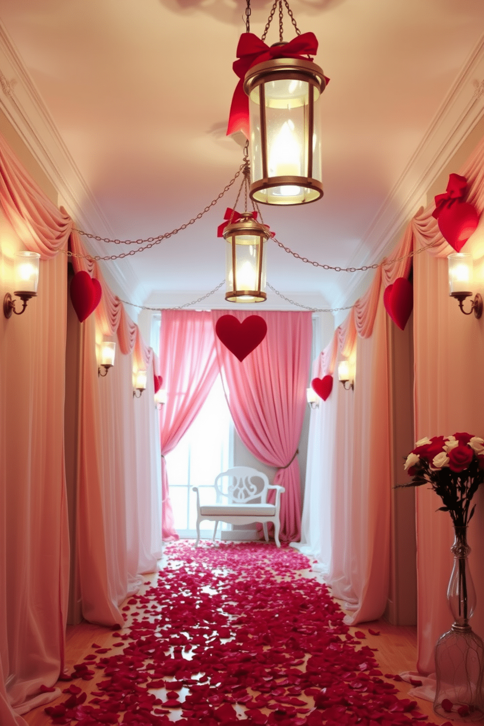 A charming hallway adorned for Valentine's Day, featuring romantic candle lanterns hanging from the ceiling. The walls are draped with soft, pastel fabric, and the floor is sprinkled with rose petals leading to a cozy seating area.