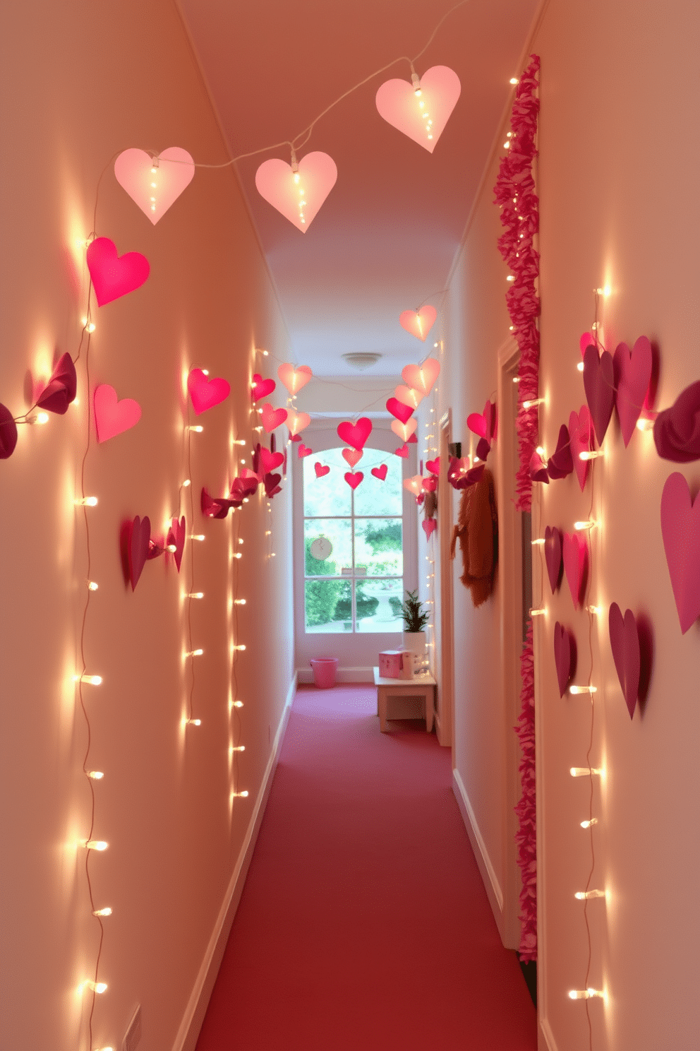 A whimsical hallway adorned with heart-shaped fairy lights strung along the walls, casting a warm and inviting glow. Soft pastel decorations, including paper hearts and garlands, create a romantic atmosphere perfect for Valentine's Day.