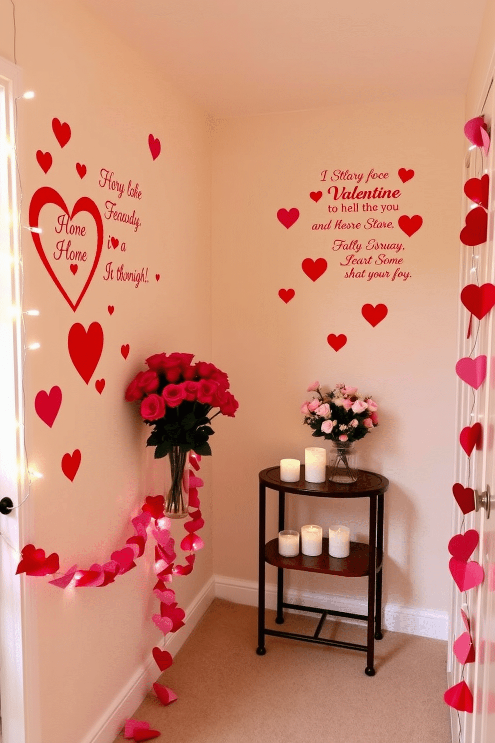 Valentine-themed wall decals featuring whimsical hearts and romantic quotes create a warm and inviting atmosphere. The decals are designed in soft pinks and reds, easily adhering to the walls without damage, perfect for a festive touch. For hallway Valentine’s Day decorating ideas, consider stringing fairy lights alongside garlands made of paper hearts. Adding a small table with a vase of fresh roses and a few heart-shaped candles will enhance the romantic ambiance.