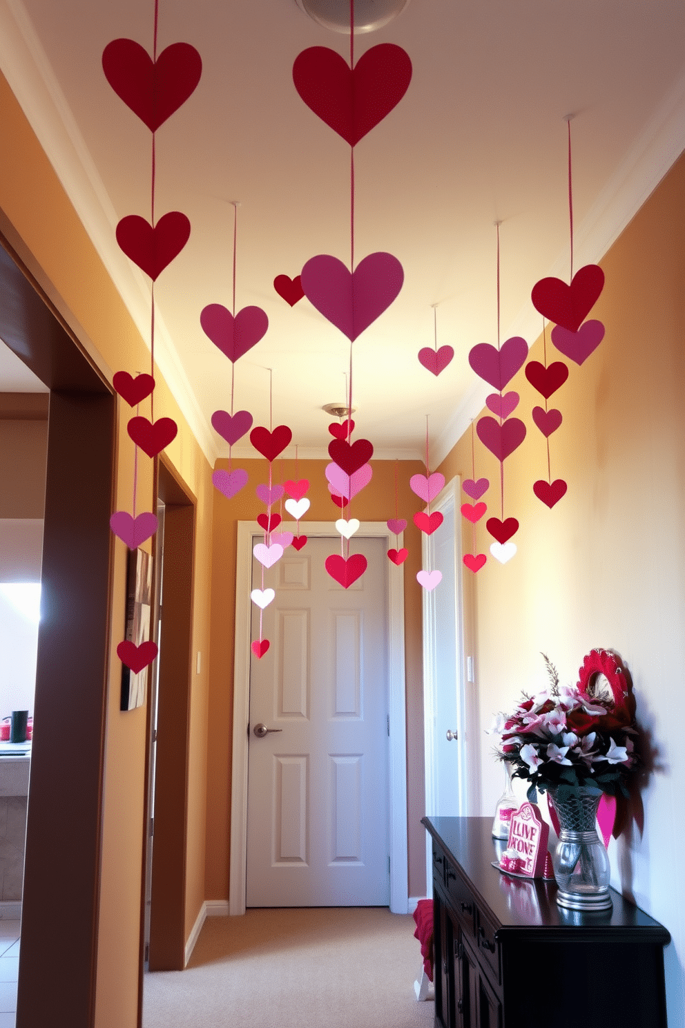 A charming hallway adorned with hanging paper heart ornaments, creating a whimsical and festive atmosphere. Soft pink and red hearts in various sizes dangle from the ceiling, catching the light and adding a playful touch to the space. The walls are painted in a warm beige hue, providing a cozy backdrop for the decorations. A small console table is placed against one wall, adorned with a bouquet of fresh flowers and a few heart-themed decorations, enhancing the Valentine's Day spirit.