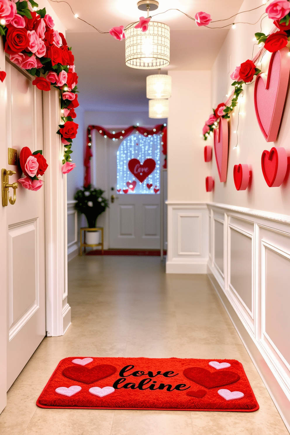 A charming welcome mat adorned with heart motifs, featuring vibrant red and pink colors to evoke a sense of love and warmth. The mat is placed at the entrance, inviting guests with its cheerful design and soft texture. The hallway is elegantly decorated for Valentine's Day, showcasing garlands of faux roses and twinkling fairy lights. Soft pastel accents and heart-shaped wall art create a romantic atmosphere that enchants anyone who walks through.