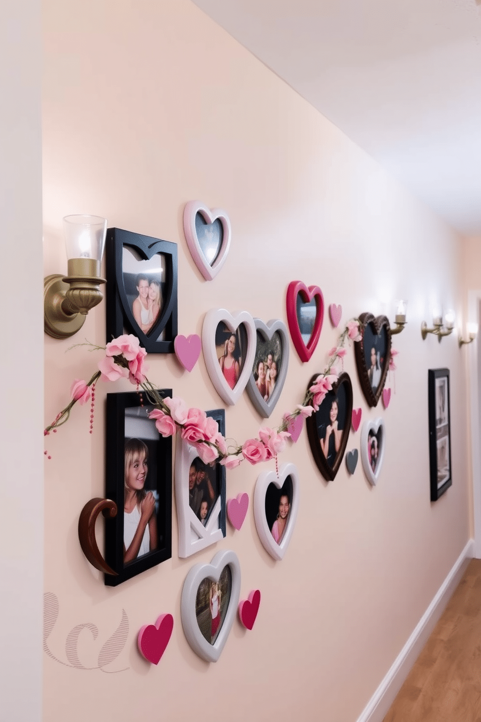 A charming hallway adorned with heart-shaped picture frames, each showcasing cherished memories in a variety of sizes and styles. The frames are arranged in a playful collage on a soft pastel-colored wall, enhancing the romantic atmosphere of the space. To complement the Valentine’s Day theme, a delicate garland of faux flowers and hearts drapes along the top of the frames. Soft, ambient lighting from stylish sconces casts a warm glow, creating an inviting and festive ambiance.