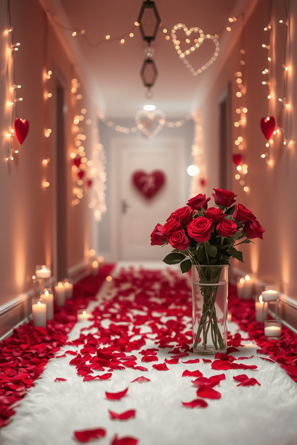 A romantic rose petal walkway leads through a softly lit hallway, creating an enchanting atmosphere for Valentine's Day. The petals are scattered gracefully on a plush white runner, with flickering candles lining the edges to enhance the mood. Delicate heart-shaped garlands hang from the walls, adorned with fairy lights that twinkle gently. At the end of the hallway, a beautifully arranged bouquet of red roses sits in an elegant vase, completing the romantic setting.