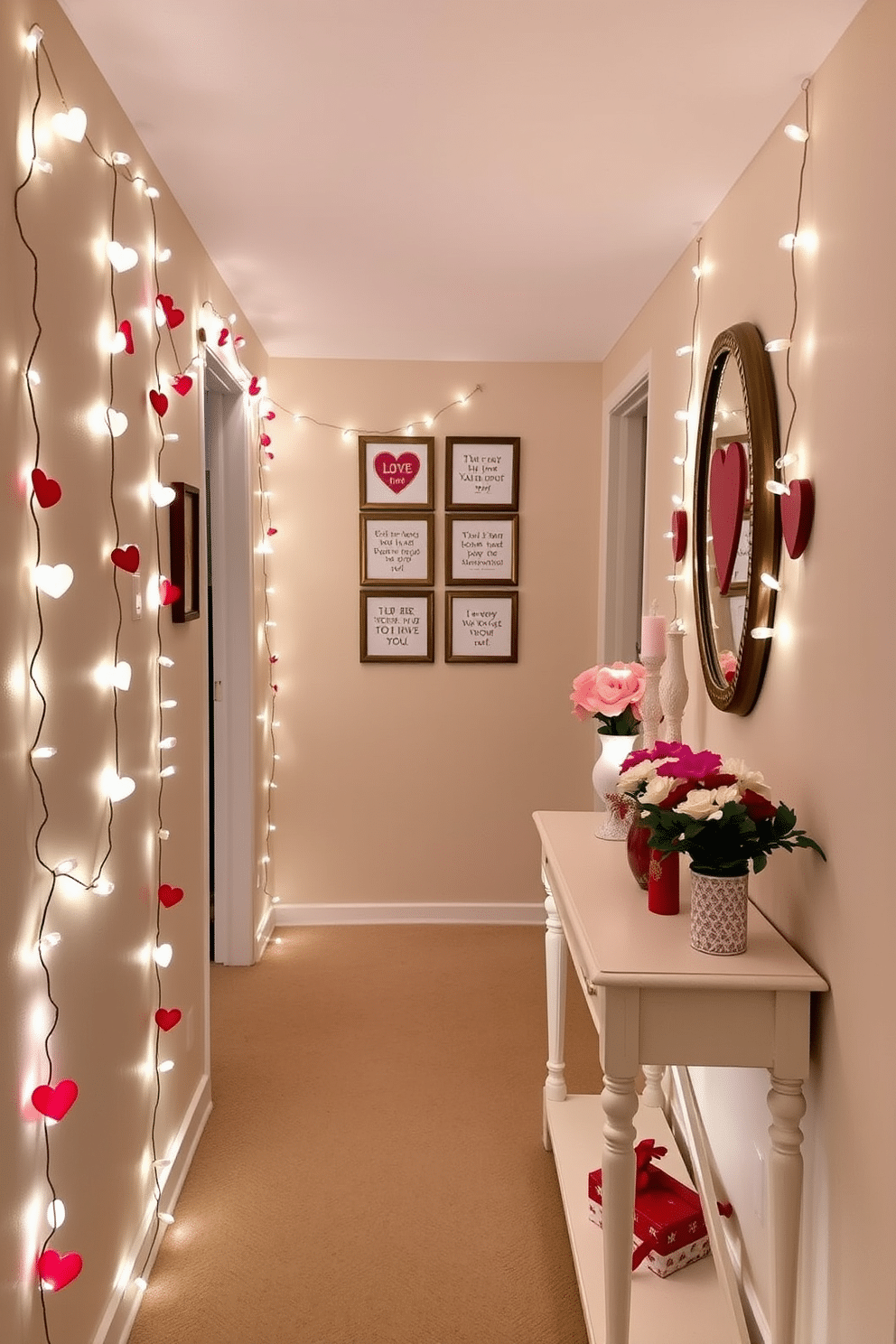 A charming hallway adorned with heart-shaped string lights creates a warm and inviting atmosphere for Valentine's Day. The lights are draped gracefully along the walls, casting a soft glow that enhances the romantic ambiance of the space. To complement the string lights, a series of framed love quotes are hung at eye level, adding a personal touch to the decor. A small console table at the end of the hallway is decorated with fresh flowers and heart-themed accents, inviting guests to pause and enjoy the festive spirit.