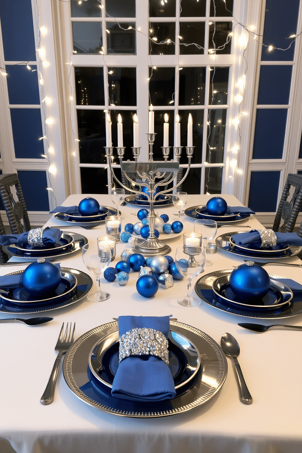 A festive blue and silver table setting for Hanukkah features a beautifully arranged table with a crisp white tablecloth. The table is adorned with elegant blue and silver dinnerware, complemented by shimmering silver napkin rings and decorative candles. In the center, a striking menorah stands proudly, surrounded by small blue and silver ornaments. Twinkling fairy lights drape across the table, adding a warm glow to the festive atmosphere.