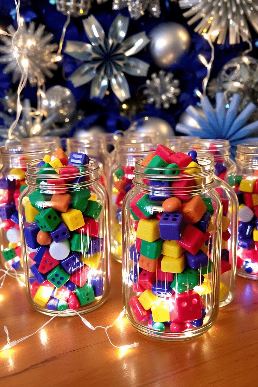 A festive display features glass jars filled with colorful dreidels and shiny gelt, creating a cheerful atmosphere for Hanukkah celebrations. The jars are arranged on a wooden table, surrounded by twinkling fairy lights and a backdrop of rich blue and silver decorations.