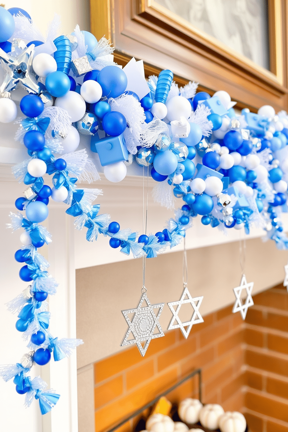 A festive garland made of blue and white elements drapes elegantly across the mantel, adorned with sparkling silver accents. Delicate ornaments shaped like dreidels and Stars of David hang from the garland, creating a joyful atmosphere for Hanukkah celebrations.